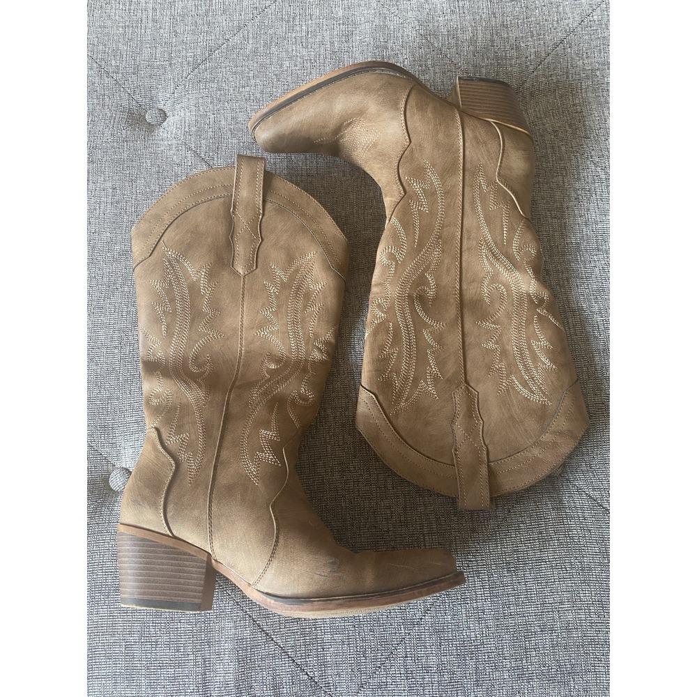 IUV Wandering Western Cowboy Boots Mid-Calf Embroidered Brown Faux Leather Sz 8